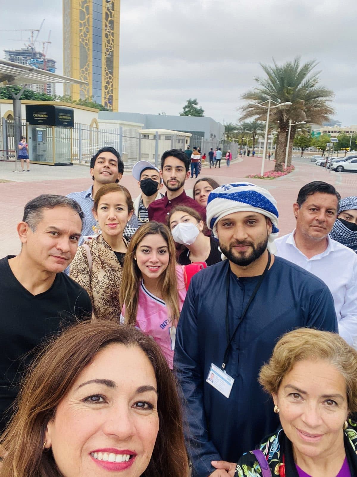 Muhammad Bilal with guests near Dubai Frame
